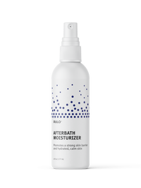 Rulo Afterbath Moisturizer bottle with white packaging and blue dotted design, a hydrating spray that supports a strong skin barrier and calm, hydrated skin.