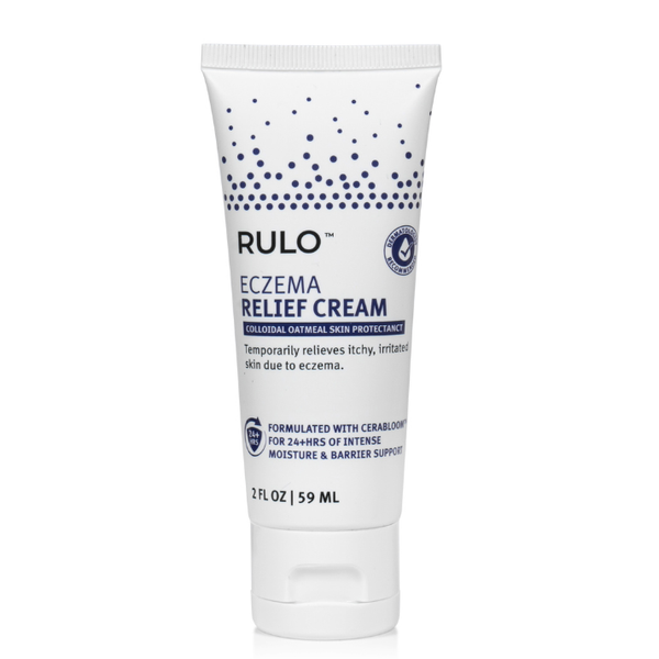 Rulo Eczema Relief Cream tube on a white background, Not just another oatmeal cream, contains our proprietary CeraBloom ingredient 