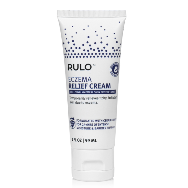 Rulo Eczema Relief Cream tube on a white background, Not just another oatmeal cream, contains our proprietary CeraBloom ingredient 