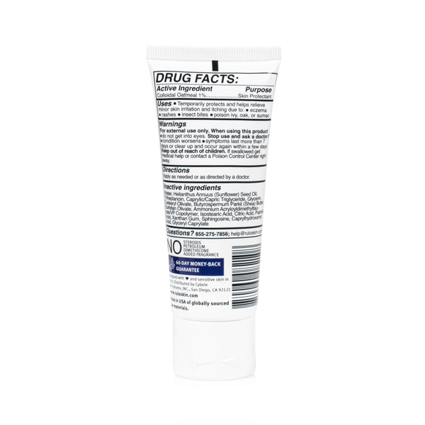 Back of RULO Eczema Relief Cream tube showing drug facts, active ingredients with colloidal oatmeal and targeted prebiotics, and sensitive skin safe formula