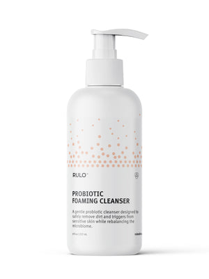 Front of RULO™ Skinfluence™ Probiotic Foaming Cleanser bottle – gentle sulfate-free cleanser with probiotics for sensitive and eczema-prone skin; cleansing without harsh rubbing
