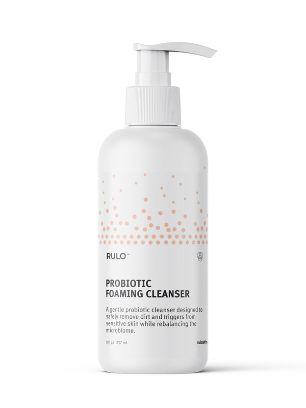 Front of RULO™ Skinfluence™ Probiotic Foaming Cleanser bottle – gentle sulfate-free cleanser with probiotics for sensitive and eczema-prone skin; cleansing without harsh rubbing