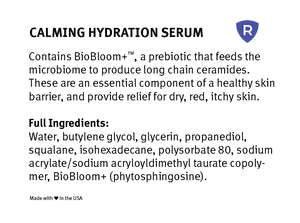 Back of RULO™ Skinfluence™ Calming Hydration Serum bottle with ingredient list, featuring CeraBloom+™ prebiotics to boost ceramide production and support sensitive skin