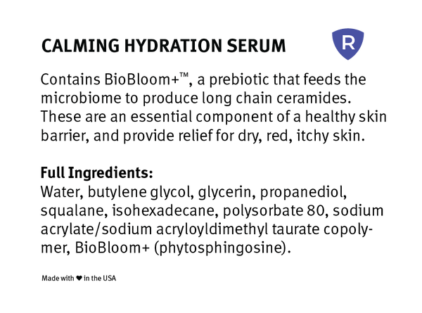 Back of RULO™ Skinfluence™ Calming Hydration Serum bottle with ingredient list, featuring CeraBloom+™ prebiotics to boost ceramide production and support sensitive skin