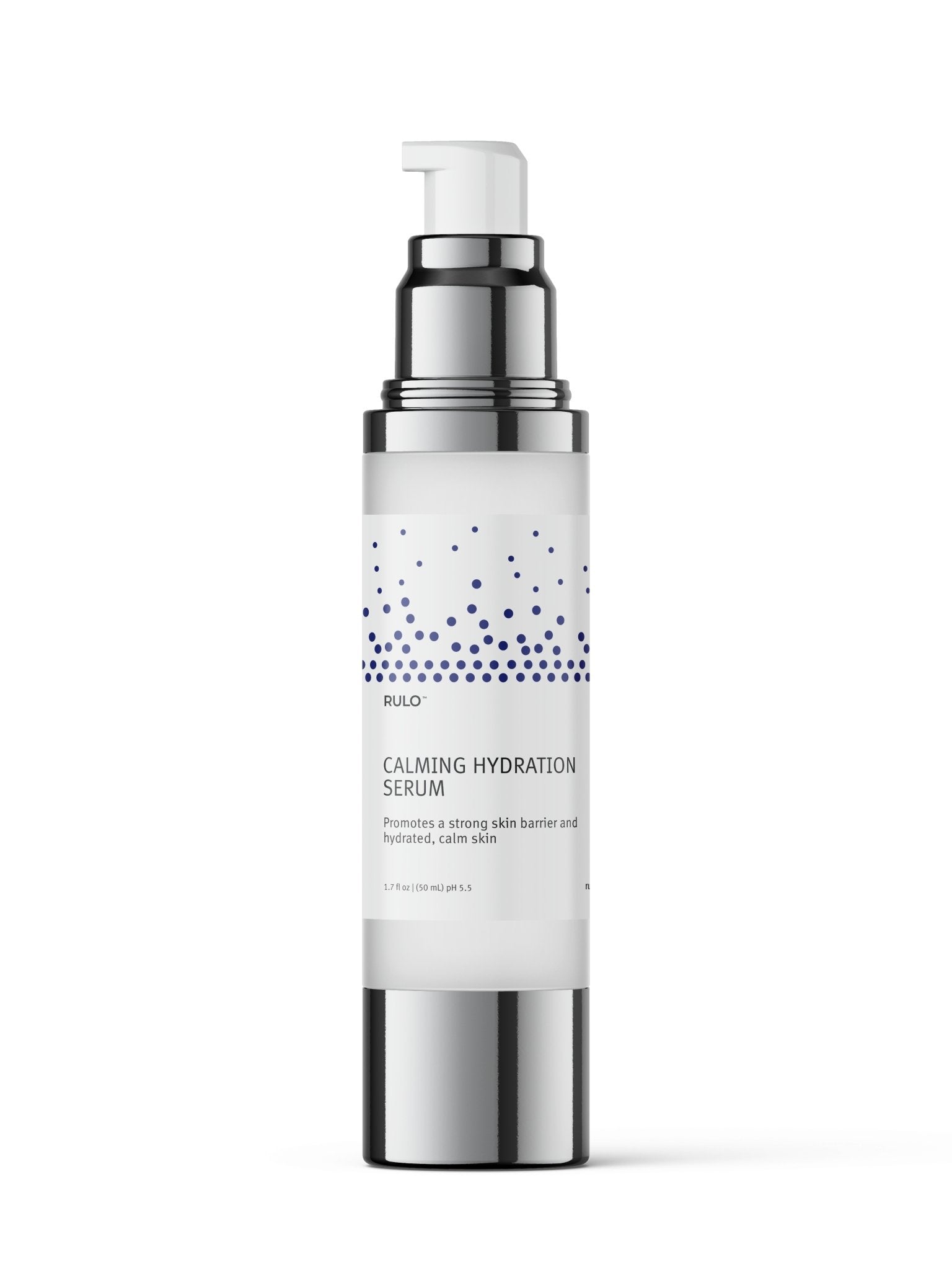  Front of RULO™  Skinfluence™ Calming Hydration Serum bottle – lightweight water-based serum with BioBloom+ prebiotics to support skin barrier and calm sensitive skin