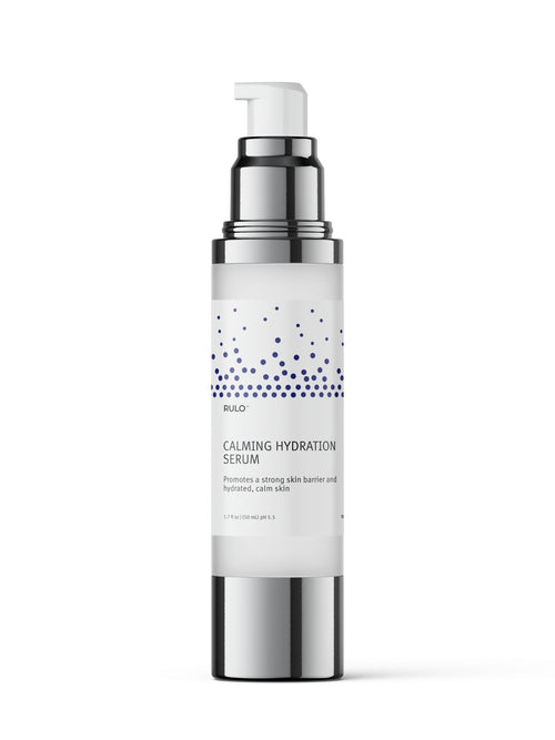  Front of RULO™  Skinfluence™ Calming Hydration Serum bottle – lightweight water-based serum with BioBloom+ prebiotics to support skin barrier and calm sensitive skin