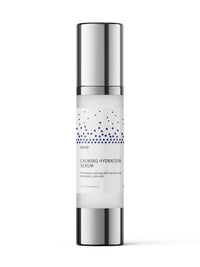 RULO™  Skinfluence™ Calming Hydration Serum bottle with silver cap – prebiotic water-based serum that hydrates, calms redness, and strengthens sensitive skin barrier