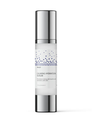 RULO™  Skinfluence™ Calming Hydration Serum bottle with silver cap – prebiotic water-based serum that hydrates, calms redness, and strengthens sensitive skin barrier