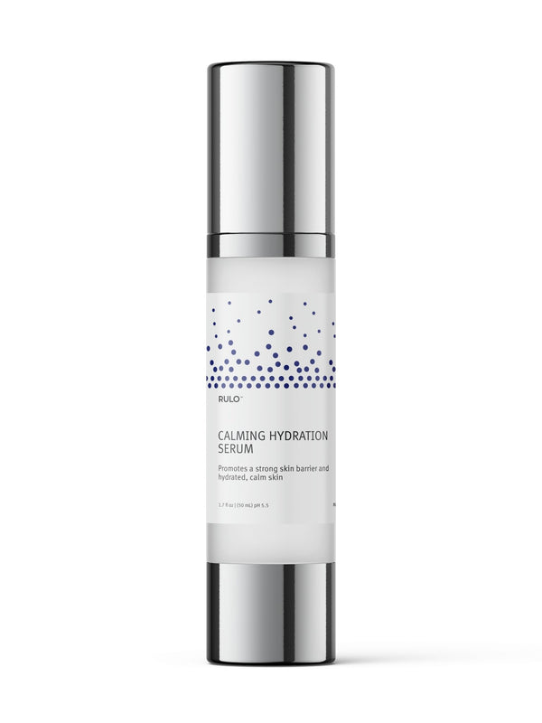 RULO™  Skinfluence™ Calming Hydration Serum bottle with silver cap – prebiotic water-based serum that hydrates, calms redness, and strengthens sensitive skin barrier
