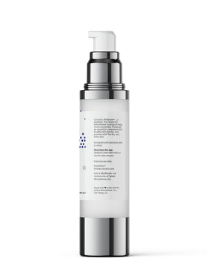 Side of RULO™ Skinfluence™ Calming Hydration Serum bottle showing BioBloom+ prebiotic ingredient details, usage directions, and sensitive skin safe formula