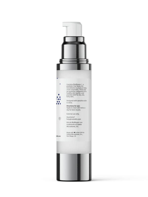 Side of RULO™ Skinfluence™ Calming Hydration Serum bottle showing BioBloom+ prebiotic ingredient details, usage directions, and sensitive skin safe formula
